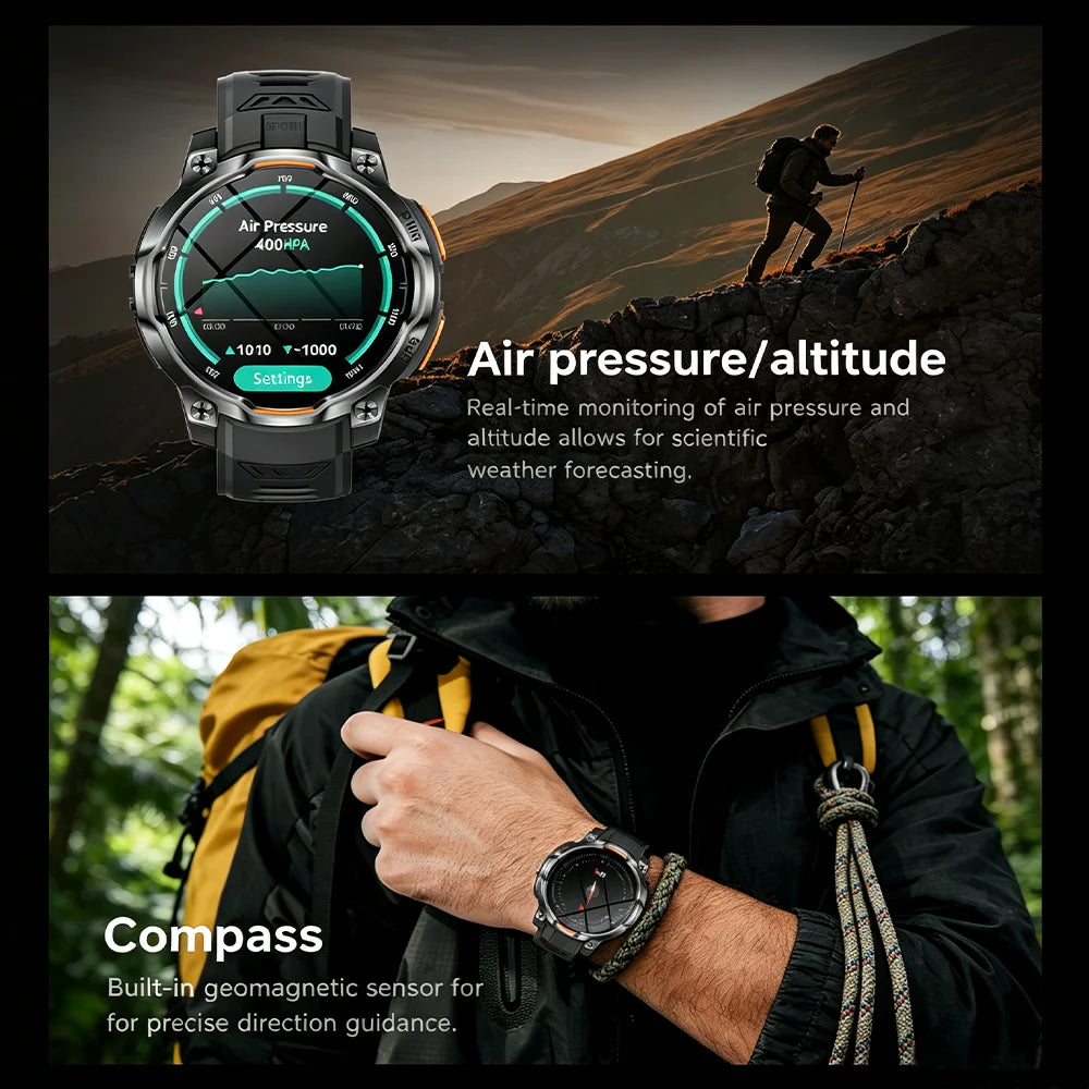 Outdoor GPS Smart Watch with Offline Maps, 1.46" AMOLED, Compass, Altimeter, IPX8