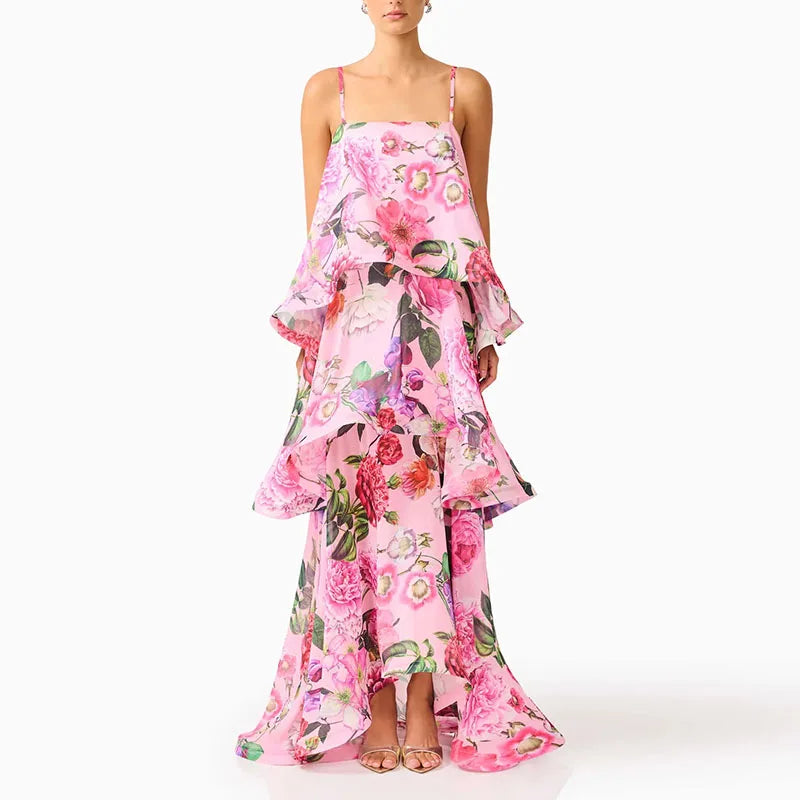 Urban Cascading Ruffle Print Women Long Dress Sexy Backless Sleeveless Slash Neck Female Dresses 2026 Summer Beach Lady Robe