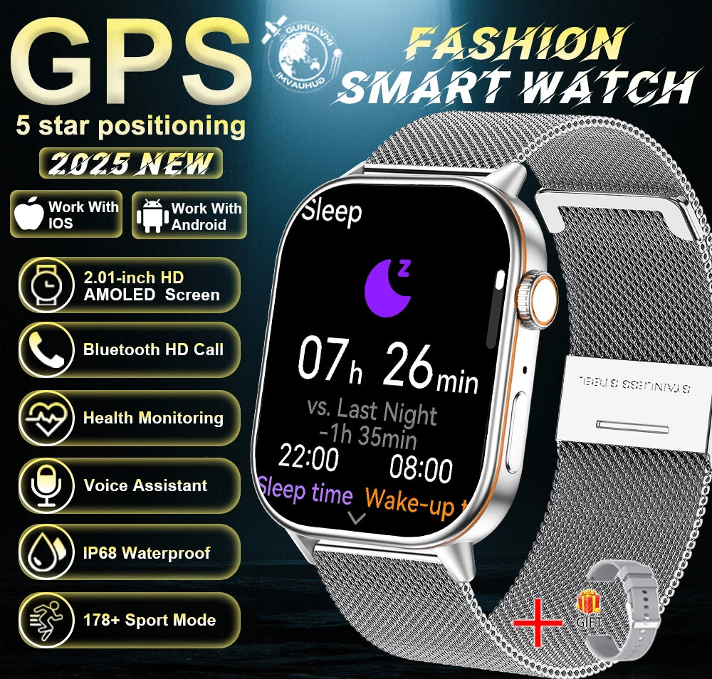Outdoor GPS Smart Watch for Men, 2.01" AMOLED, Compass, 178+ Sports Modes