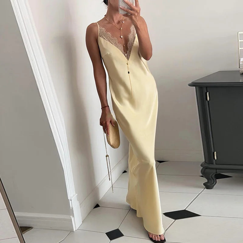 Elegant Lace Satin Spliced Women's Summer Dress Loose V-neck Sleeveless Backless Long Sundress 2026 Lady Chic Beach Party Robes
