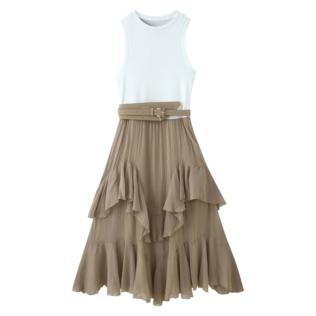 ZERAINS Women's Spring/Summer New Product Versatile Sleeveless Round Neck with Belt Stacked Splicing Tank Top Dress