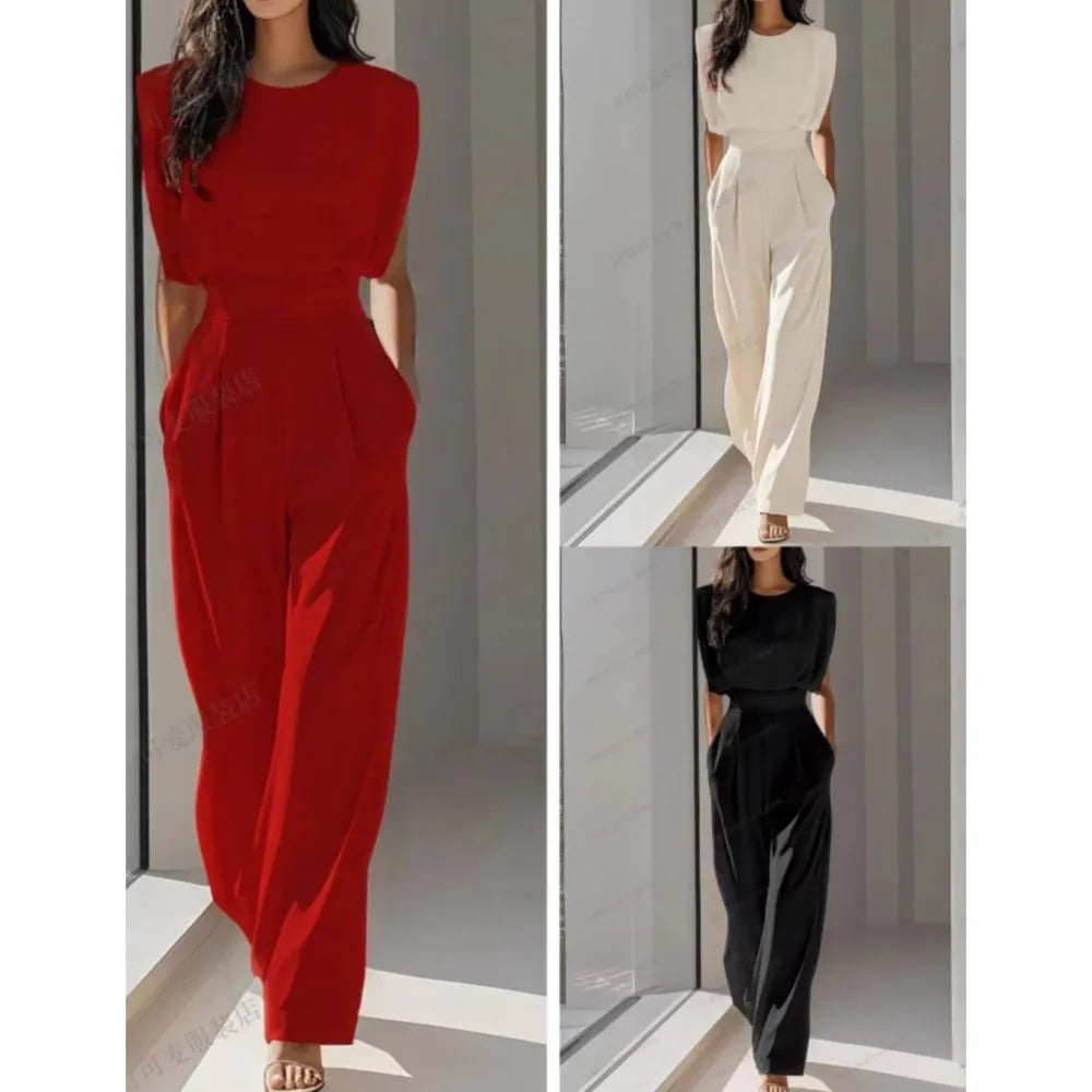 Elegant High Waisted Jumpsuit New Women's Fashion Queen Style Summer Solid Color Waistband Pocket Office Capable Jumpsuit