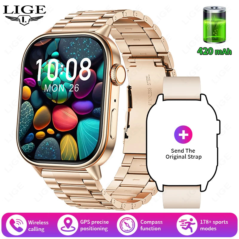 LIGE Women's GPS Smart Watch, 2.01" HD Screen, Compass, Bluetooth Calling, IP68