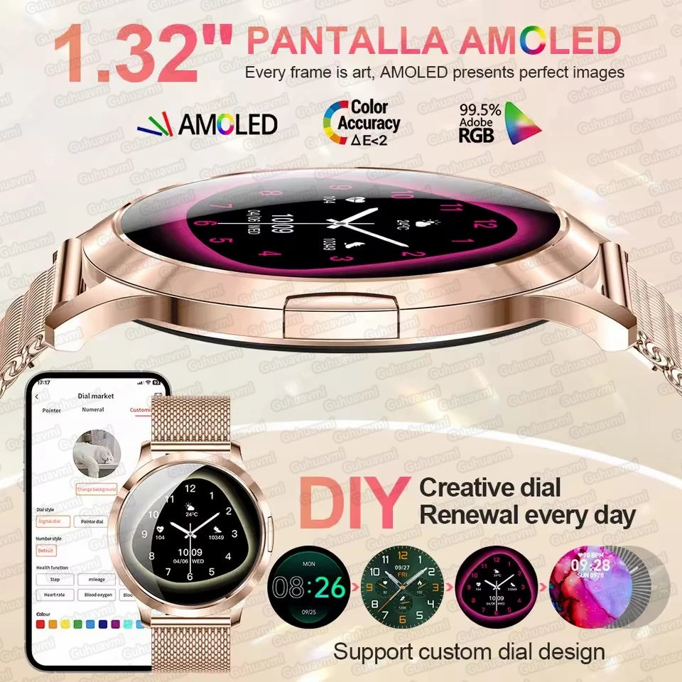 Women's 1.32" AMOLED Smart Watch with Bluetooth Calling, Elegant Steel Band