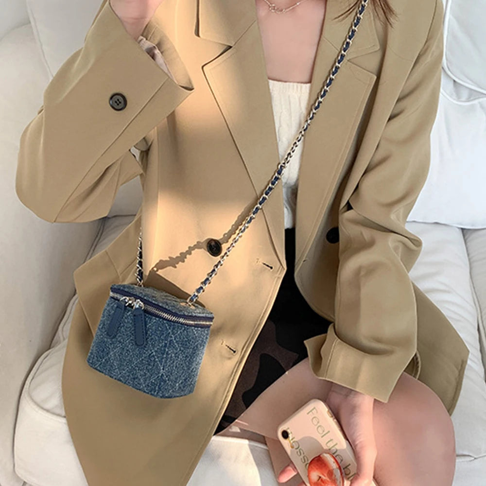 Mini Denim Crossbody Bag with Chain Strap – Quilted Box Shoulder Bag