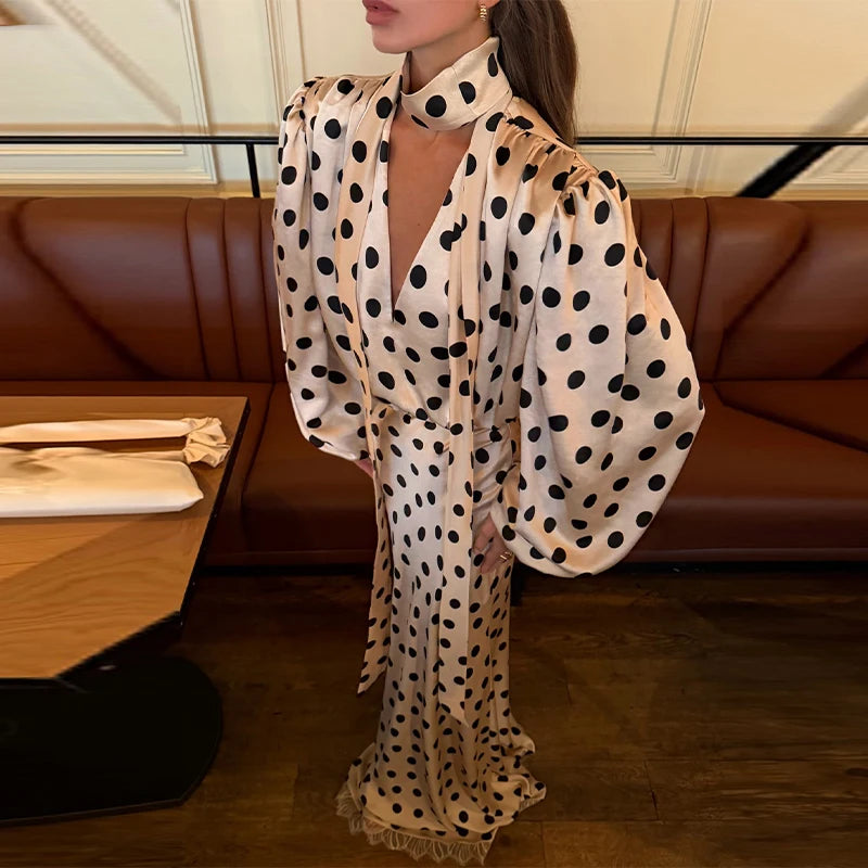 Sexy Polka Dot Satin Women Top Skirt Suit Party V-Neck Tie Neck Shirt High Waist Skirts 2026 Spring Summer Female 2 Pieces Set