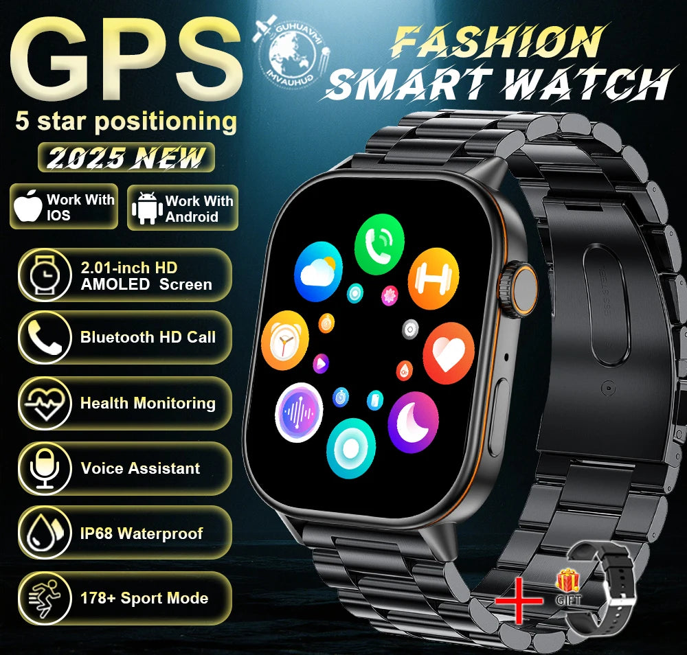 Outdoor GPS Smart Watch for Men, 2.01" AMOLED, Compass, 178+ Sports Modes