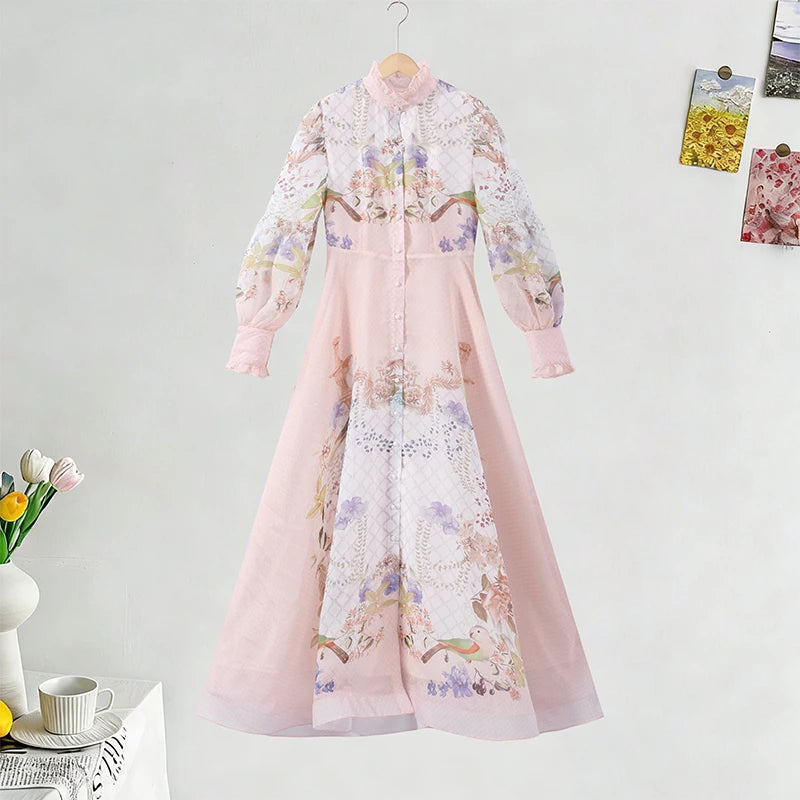 Elegant Women's Dress Full Sleeve Waist Belt A-line Hem Female Printed Dresses 2026 Summer Fashion Chic New Holiday Lady Robe