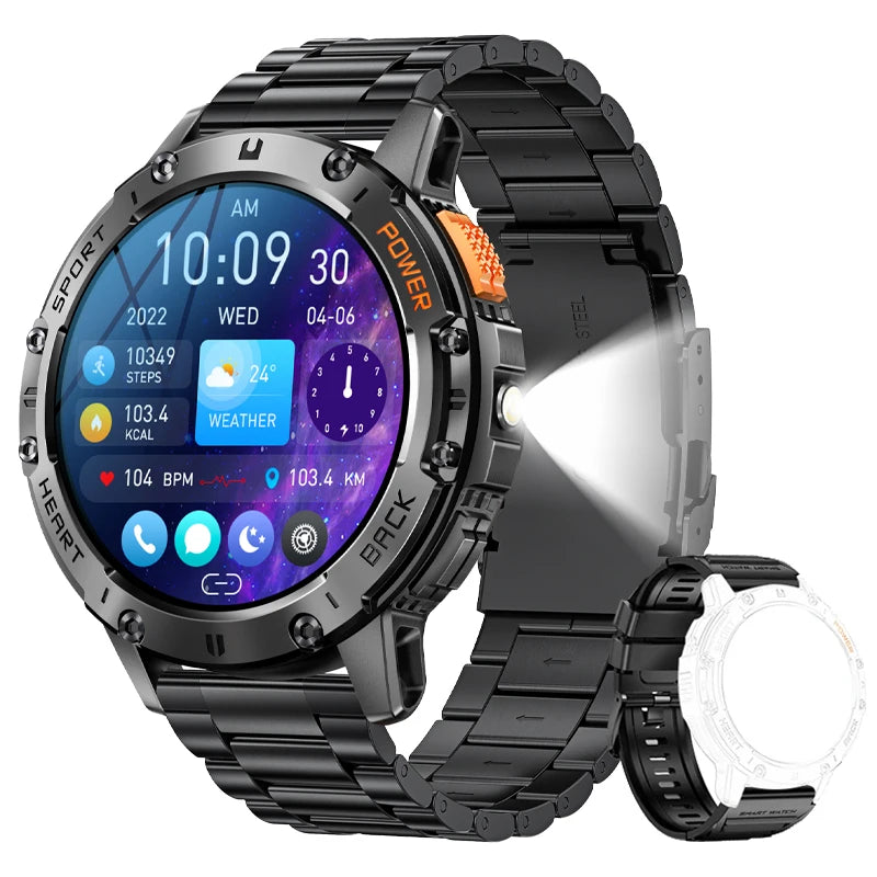 Men's AMOLED Smart Watch with LED Flashlight, Bluetooth Calling, Water Resistant