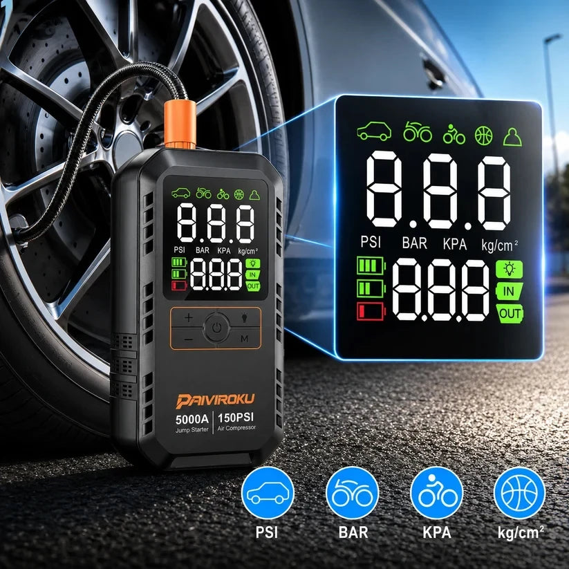 4-in-1 Car Jump Starter with Air Compressor – 5000A Peak, 150PSI, Power Bank