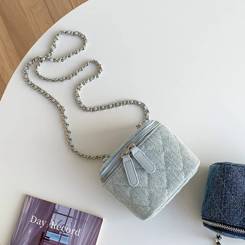Mini Denim Crossbody Bag with Chain Strap – Quilted Box Shoulder Bag