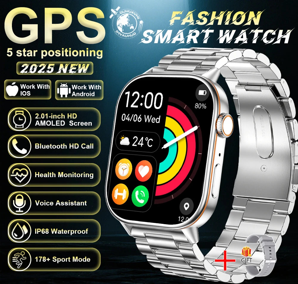 Outdoor GPS Smart Watch for Men, 2.01" AMOLED, Compass, 178+ Sports Modes