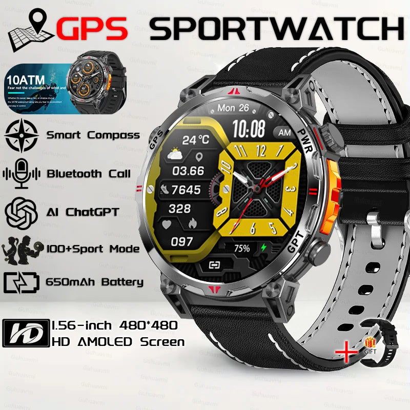 Outdoor GPS Sports Smart Watch for Men, 1.56" AMOLED, Compass, 10ATM Water Resistant