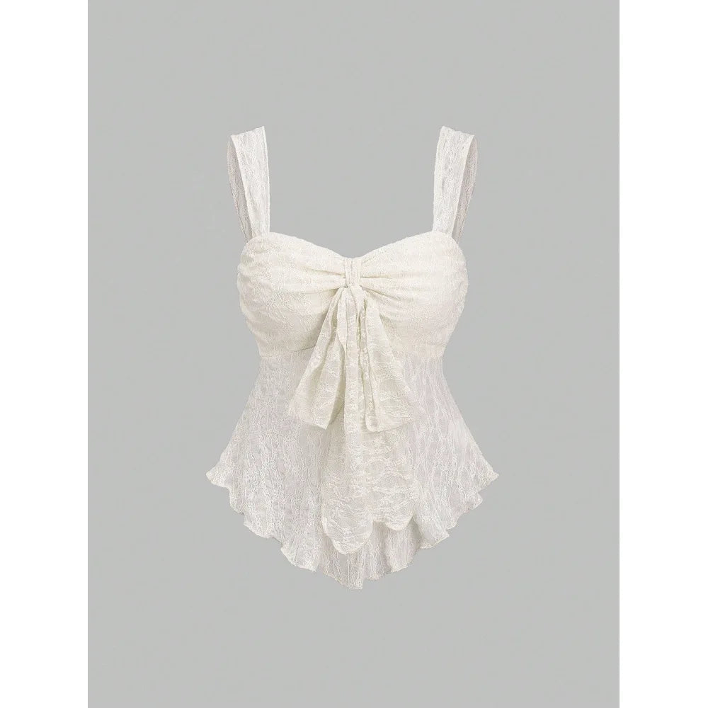 French solid color lace jacquard camisole vest with bow decoration, waist cinching short top, gentle and pure style vest