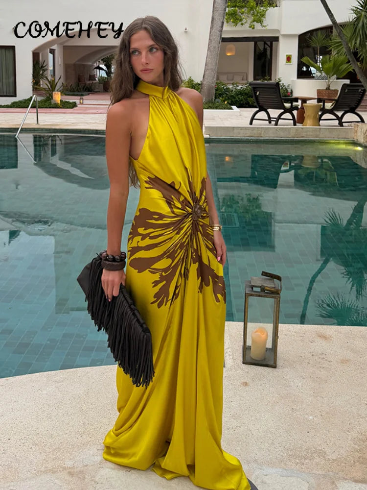 2026 Summer Printed Halter Maxi Dress Women Sleeveless Pleated Chic Satin Long Dresses Fashion Vacation Beach Party Lady Robe