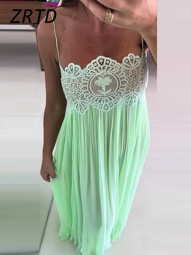 Beach Floral Lace Women's Summer Dress Sheer Hollow Out Pleated Long Spaghetti Strap Long Dresses 2026 Lady Loose Green Sundress