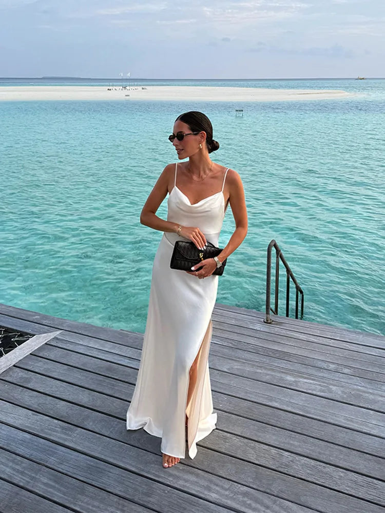 Luxury White Satin Backless Veatido Women Sexy Spaghetti Strap V-neck High Split Midi Dress Vacation Evening Party Beach Outfits