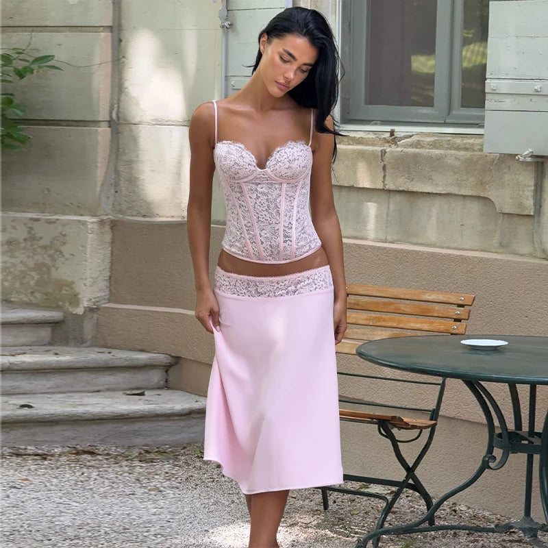 Sexy Solid Lace Vest Trouser Suits Women Sling Patchwork Lace-Up Top Wide Leg Pants Set Female 2026 Summer Chic Female Outfits