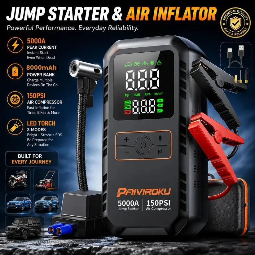 4-in-1 Car Jump Starter with Air Compressor – 5000A Peak, 150PSI, Power Bank