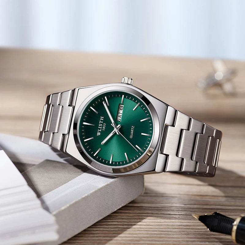 Men's Quartz Watch with Luminous Hands, Date & Week Display, Stainless Steel Band, Water Resistant
