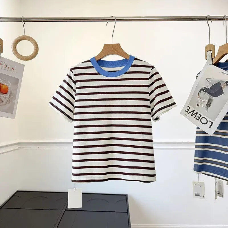 High Quality 2026 Summer New Women Fashion Stripes O-Neck Cotton T-Shirt Ladies Casual Short Sleeve Basic Tees Tops Female