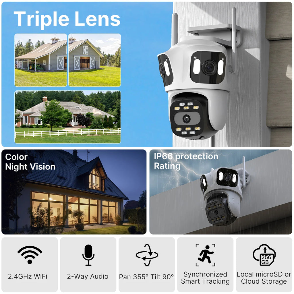 Three-Lens Outdoor PTZ Security Camera – Triple-Screen View & Night Vision