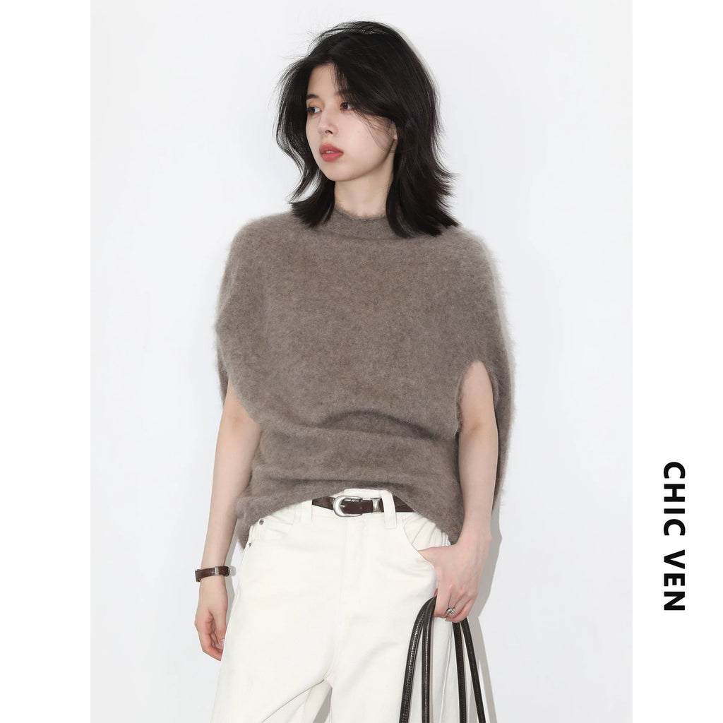 Women's Oversized Turtleneck Sweater Vest – Retro Sleeveless Knit Pullover