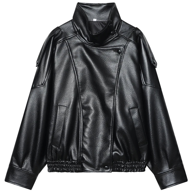 Women's Cropped Faux Leather Bomber Jacket – Oversized Zip-Up Black Jacket