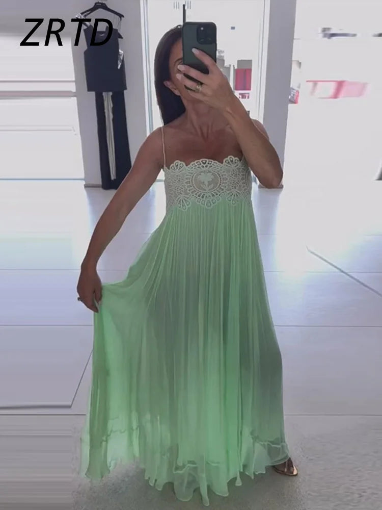 Beach Floral Lace Women's Summer Dress Sheer Hollow Out Pleated Long Spaghetti Strap Long Dresses 2026 Lady Loose Green Sundress