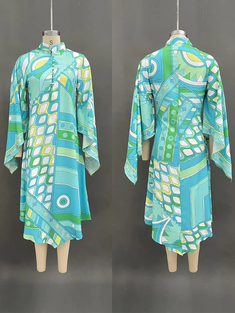 Fashion Geometric Printed Dress For Women Stand Neck Wide Sleeve Buttons Vacation Dresses 2026 Summer Lady Loose Beach Robe