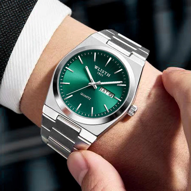Men's Quartz Watch with Luminous Hands, Date & Week Display, Stainless Steel Band, Water Resistant