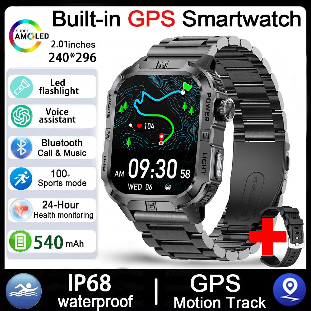 Rugged Outdoor Smart Watch for Men, 2.01" Display, GPS, Compass, LED Flashlight, IP68