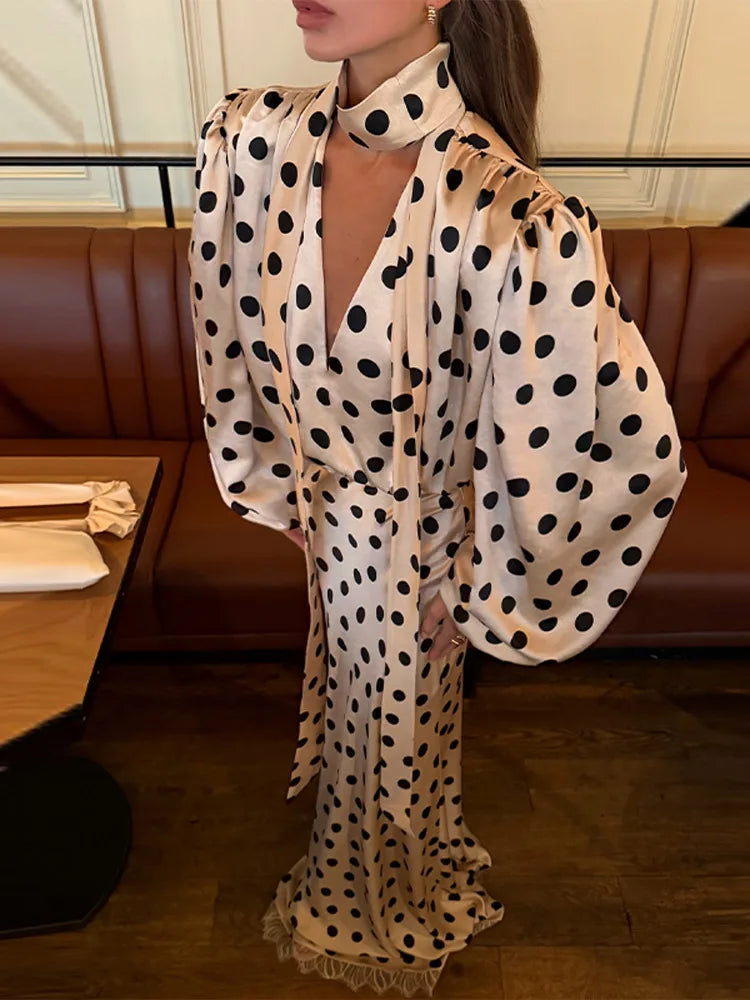 Sexy Polka Dot Satin Women Top Skirt Suit Party V-Neck Tie Neck Shirt High Waist Skirts 2026 Spring Summer Female 2 Pieces Set