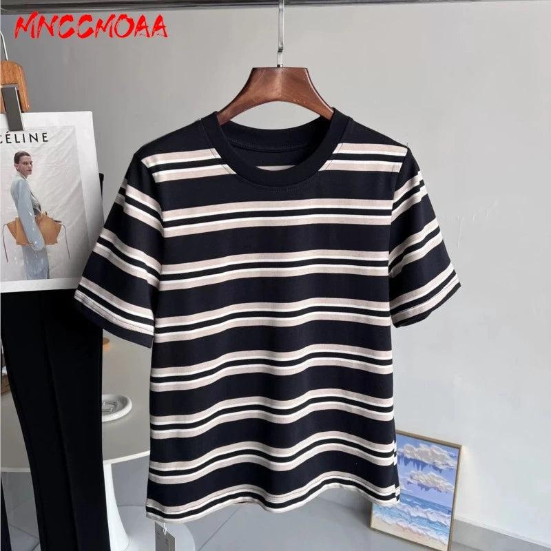 High Quality 2026 Summer New Women Fashion Stripes O-Neck Cotton T-Shirt Ladies Casual Short Sleeve Basic Tees Tops Female