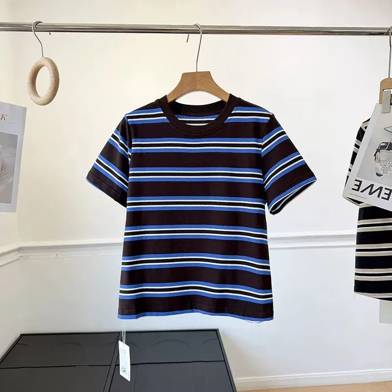 High Quality 2026 Summer New Women Fashion Stripes O-Neck Cotton T-Shirt Ladies Casual Short Sleeve Basic Tees Tops Female