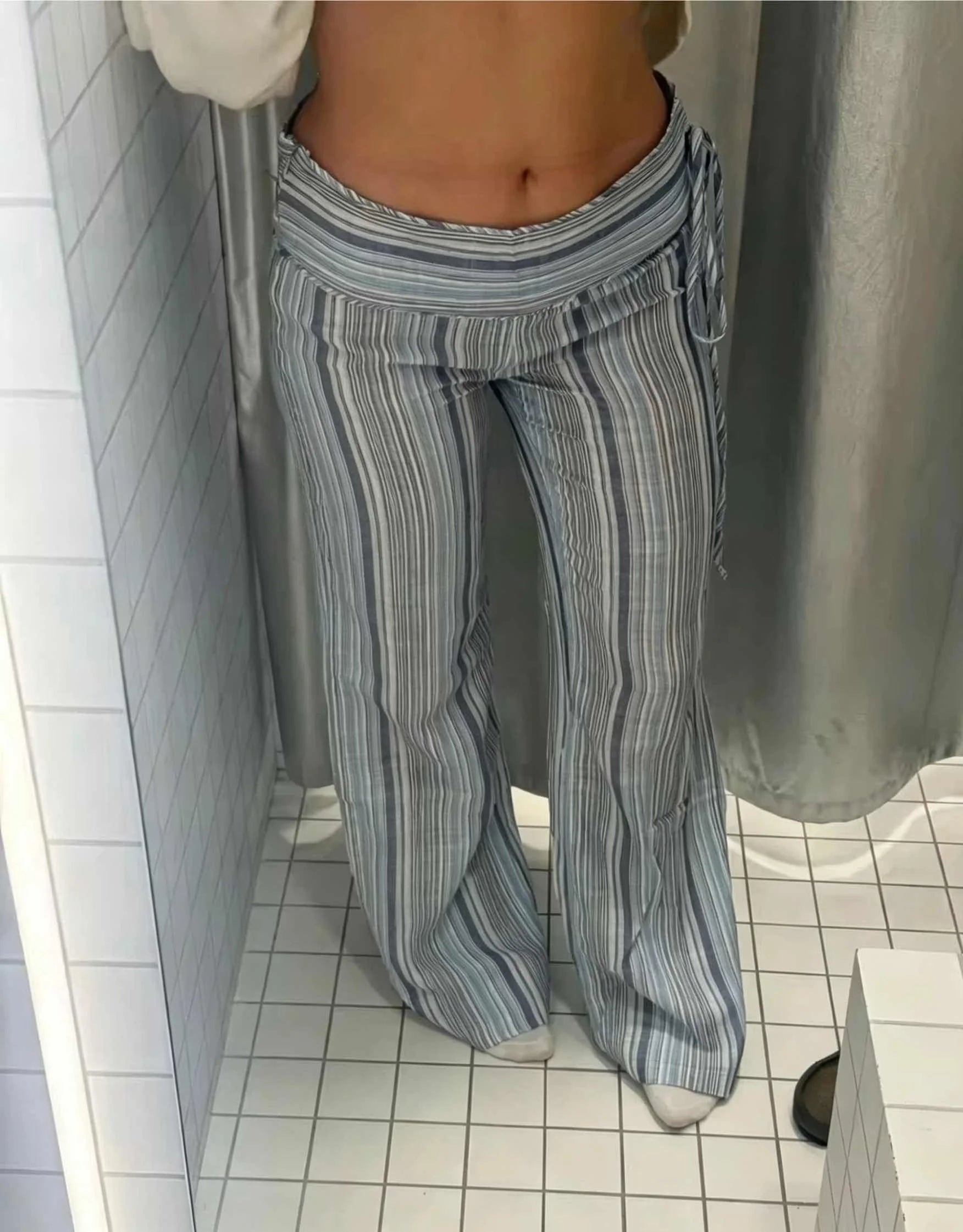 Street Print Strip Women Slim Drawstring High Waist Button Pockets All-match Pants Female 2026 Fashion Summer Autumn Bottom Lady