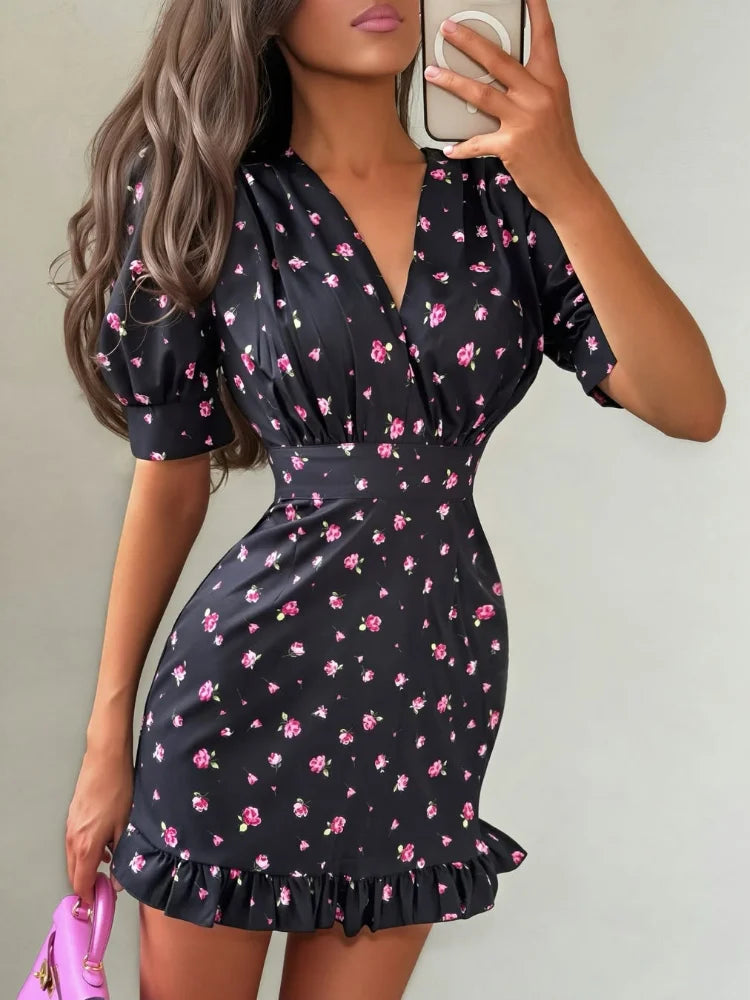 Women Elegant Printed V-neck Dress Chic Lapel Waist Cinched Pleated High Waisted Dresses 2026 Summer New Lady Vacation Vestidos