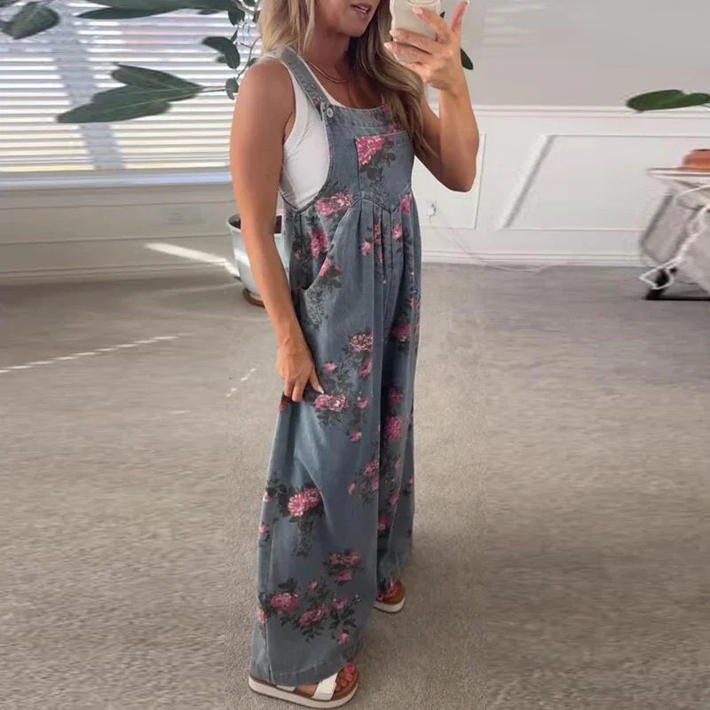 Summer Floral Printed Sleeveless Jumpsuit Women Casual Pocket Multicolor Overalls Square Wide Pants Jumpsuit Women Playsuits