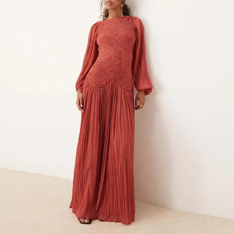 2026 Summer Women's Elegant Pleated Long Dress O-neck Loose Folds Lantern Sleeve Holiday Beach Commute Chic Vestidos