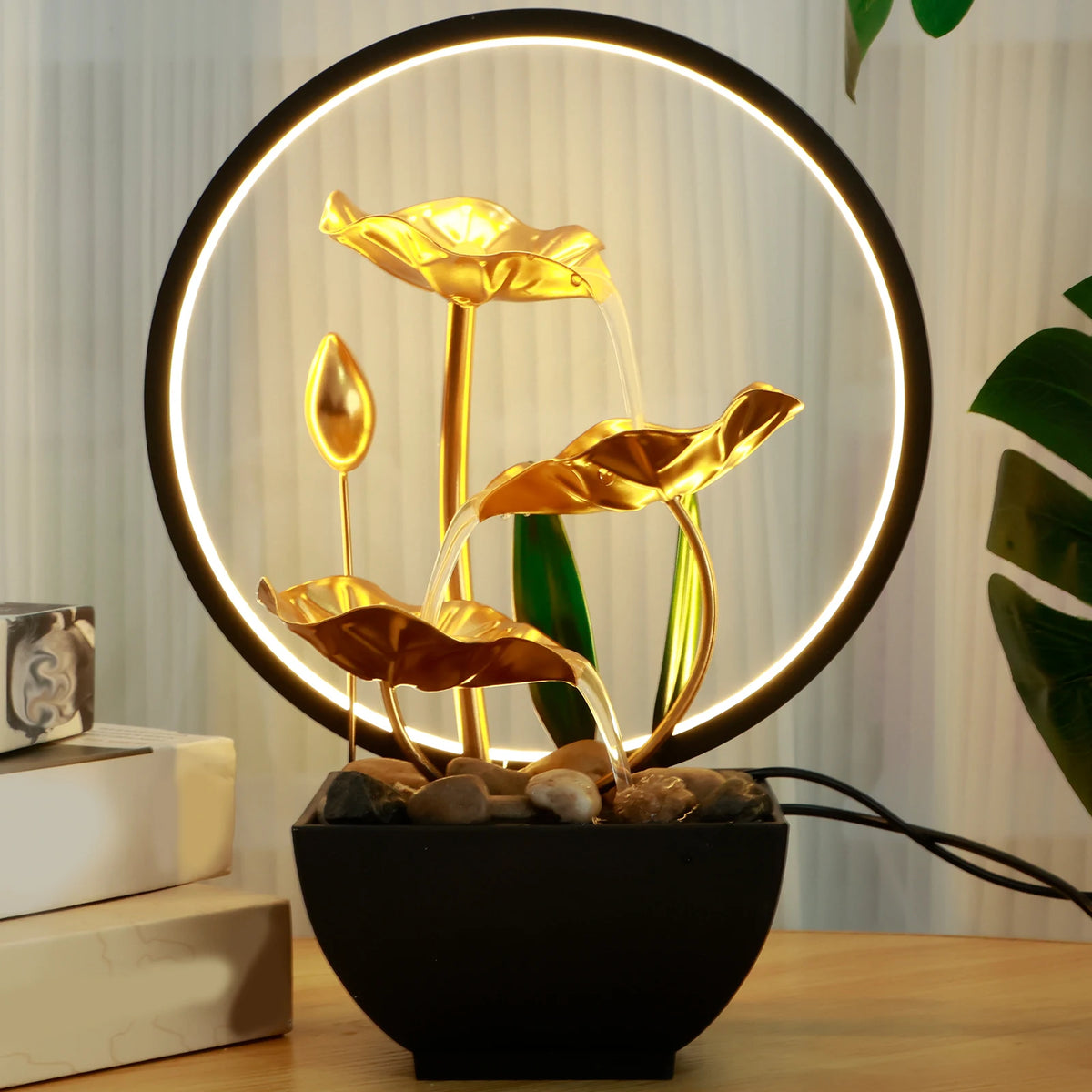 Tabletop Water Fountain with LED Lights – USB Desktop Waterfall Decor