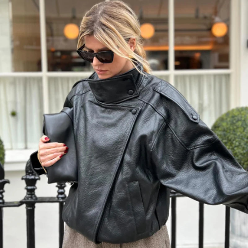Women's Cropped Faux Leather Bomber Jacket – Oversized Zip-Up Black Jacket