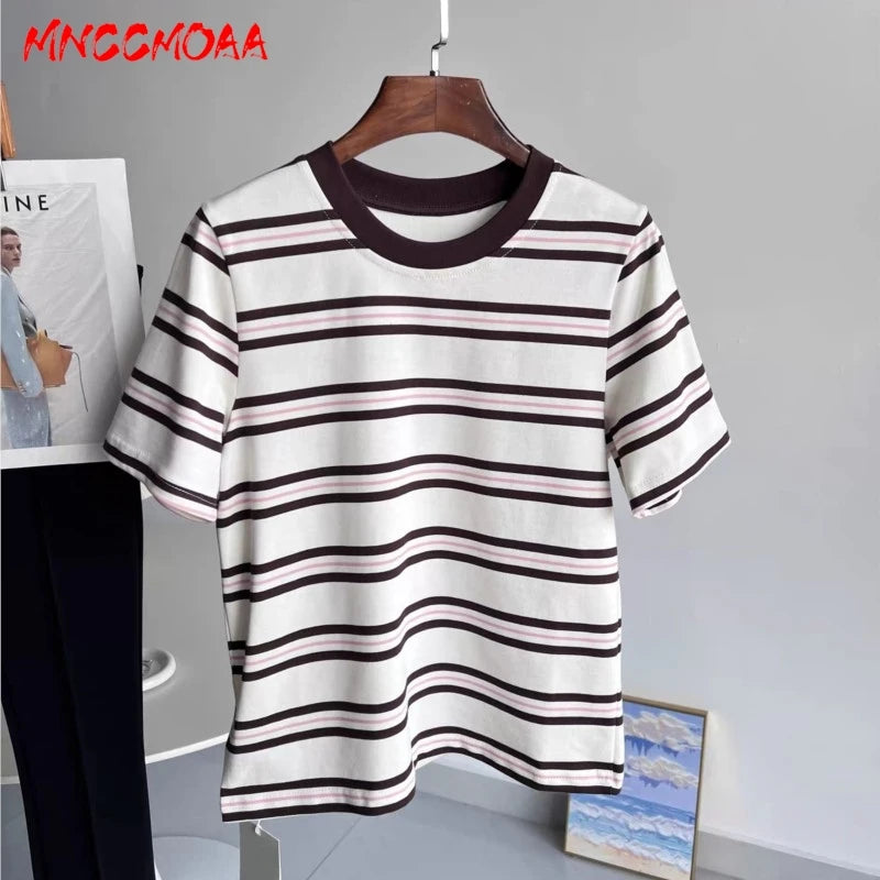 High Quality 2026 Summer New Women Fashion Stripes O-Neck Cotton T-Shirt Ladies Casual Short Sleeve Basic Tees Tops Female