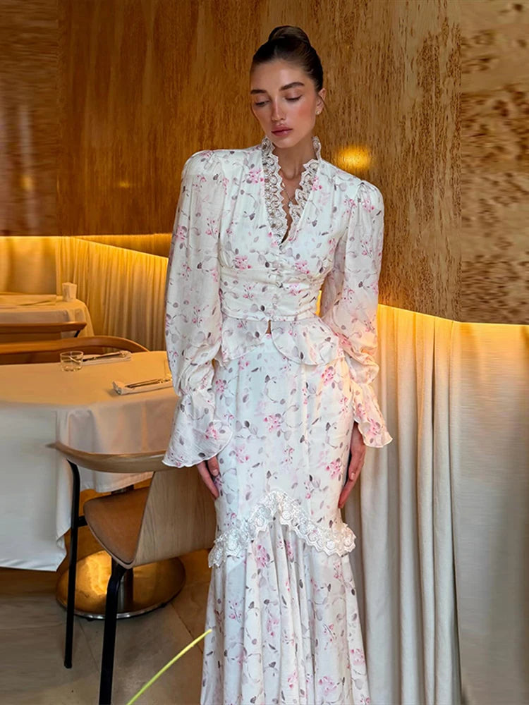 Floral Print Mermaid Skirt Set Women V-Neck Long Flare Sleeve Top Waist Cinched Ruffle Hem Maxi Skirts 2026 Chic Party Lady Suit