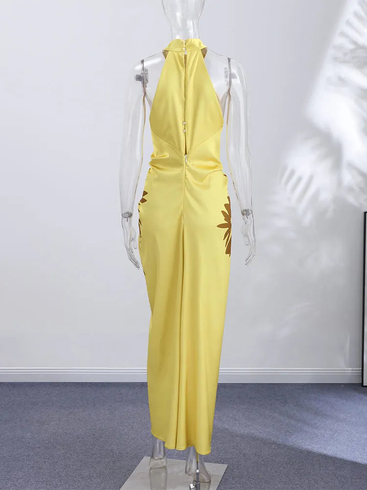 2026 Summer Printed Halter Maxi Dress Women Sleeveless Pleated Chic Satin Long Dresses Fashion Vacation Beach Party Lady Robe