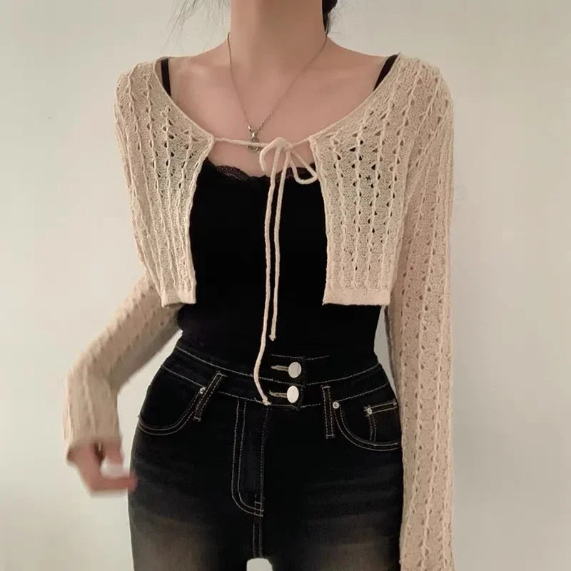 Women Tie Front Crop Cardigan Sheer Openwork Crochet Knit Top Lightweight Bolero Sweater Summer Fairycore Boho Chic Beach Outfit