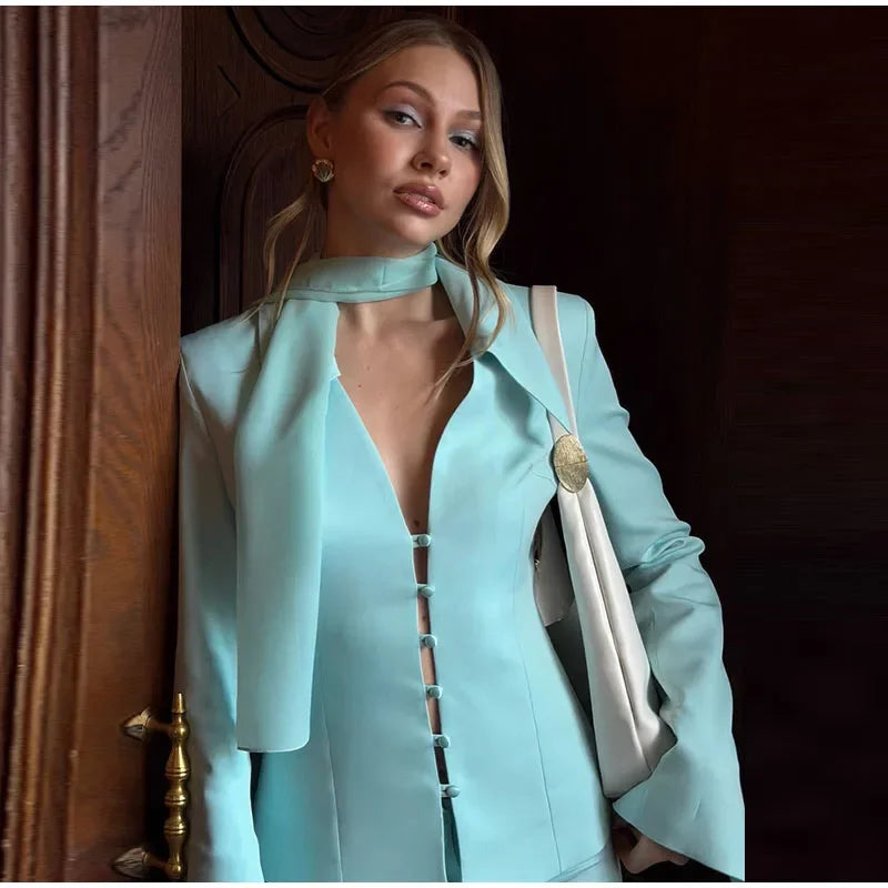Urban Solid Blazer Skirt Women Set Scarf Collar Long Sleeve Button Top Hip Package Skirts 2026 Summer Holidays Lady Suit New