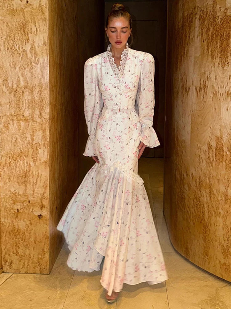 Floral Print Mermaid Skirt Set Women V-Neck Long Flare Sleeve Top Waist Cinched Ruffle Hem Maxi Skirts 2026 Chic Party Lady Suit