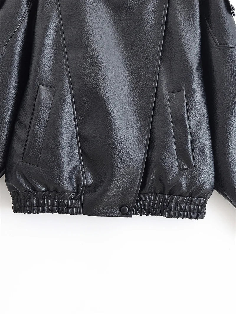 Women's Black Faux Leather Moto Jacket – Pebble Texture Long Sleeve Biker Jacket
