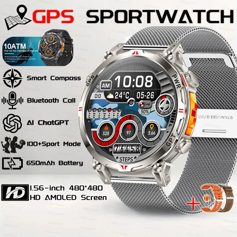 Outdoor GPS Sports Smart Watch for Men, 1.56" AMOLED, Compass, 10ATM Water Resistant