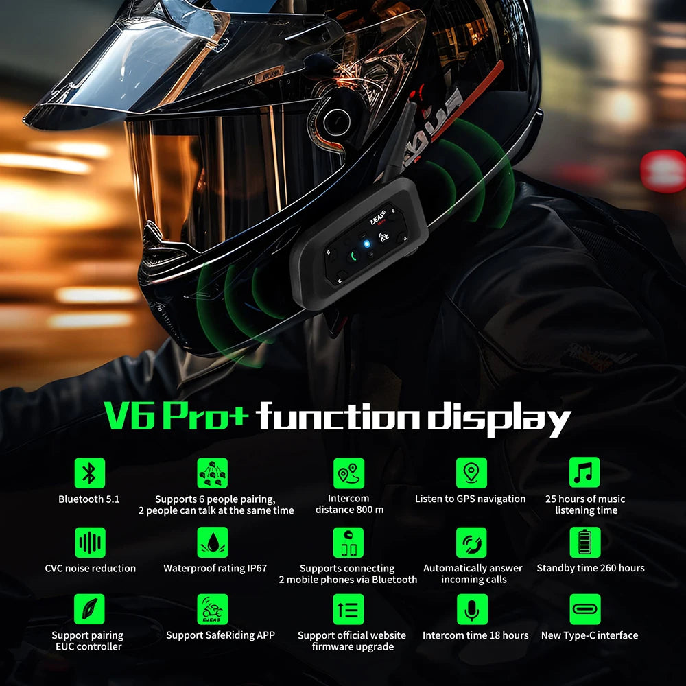 Motorcycle Helmet Bluetooth Intercom – 6 Riders, 800m Range, IP67 Waterproof